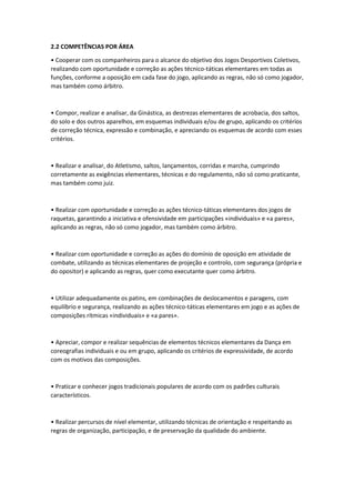 2.2 COMPETÊNCIAS POR ÁREA
• Cooperar com os companheiros para o alcance do objetivo dos Jogos Desportivos Coletivos,
realizando com oportunidade e correção as ações técnico-táticas elementares em todas as
funções, conforme a oposição em cada fase do jogo, aplicando as regras, não só como jogador,
mas também como árbitro.
• Compor, realizar e analisar, da Ginástica, as destrezas elementares de acrobacia, dos saltos,
do solo e dos outros aparelhos, em esquemas individuais e/ou de grupo, aplicando os critérios
de correção técnica, expressão e combinação, e apreciando os esquemas de acordo com esses
critérios.
• Realizar e analisar, do Atletismo, saltos, lançamentos, corridas e marcha, cumprindo
corretamente as exigências elementares, técnicas e do regulamento, não só como praticante,
mas também como juiz.
• Realizar com oportunidade e correção as ações técnico-táticas elementares dos jogos de
raquetas, garantindo a iniciativa e ofensividade em participações «individuais» e «a pares»,
aplicando as regras, não só como jogador, mas também como árbitro.
• Realizar com oportunidade e correção as ações do domínio de oposição em atividade de
combate, utilizando as técnicas elementares de projeção e controlo, com segurança (própria e
do opositor) e aplicando as regras, quer como executante quer como árbitro.
• Utilizar adequadamente os patins, em combinações de deslocamentos e paragens, com
equilíbrio e segurança, realizando as ações técnico-táticas elementares em jogo e as ações de
composições rítmicas «individuais» e «a pares».
• Apreciar, compor e realizar sequências de elementos técnicos elementares da Dança em
coreografias individuais e ou em grupo, aplicando os critérios de expressividade, de acordo
com os motivos das composições.
• Praticar e conhecer jogos tradicionais populares de acordo com os padrões culturais
característicos.
• Realizar percursos de nível elementar, utilizando técnicas de orientação e respeitando as
regras de organização, participação, e de preservação da qualidade do ambiente.
 