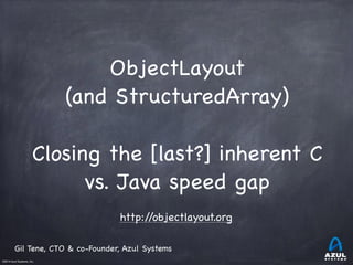 ObjectLayout 
(and StructuredArray) 
Closing the [last?] inherent C 
©2014 Azul Systems, Inc. 
vs. Java speed gap 
http://objectlayout.org 
Gil Tene, CTO & co-Founder, Azul Systems 
! 
 