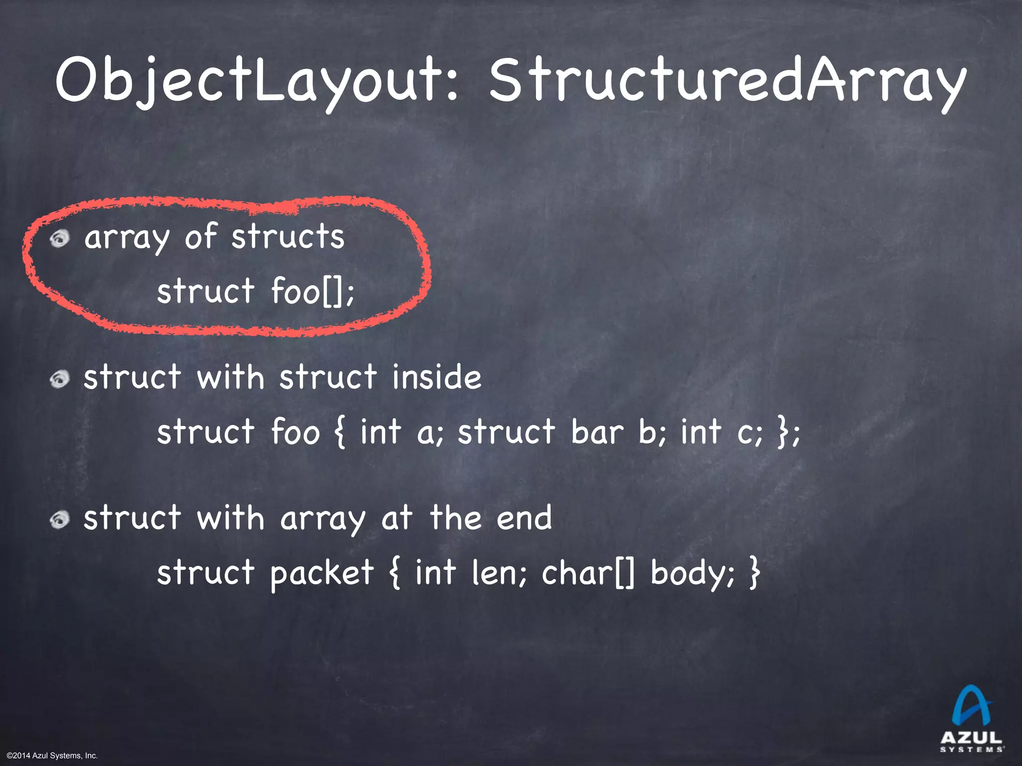 ©2014 Azul Systems, Inc.	
 	
 	
 	
 	
 	
ObjectLayout: StructuredArray
array of structs

struct foo[];

struct with struct inside

struct foo { int a; struct bar b; int c; };

struct with array at the end

struct packet { int len; char[] body; }

 