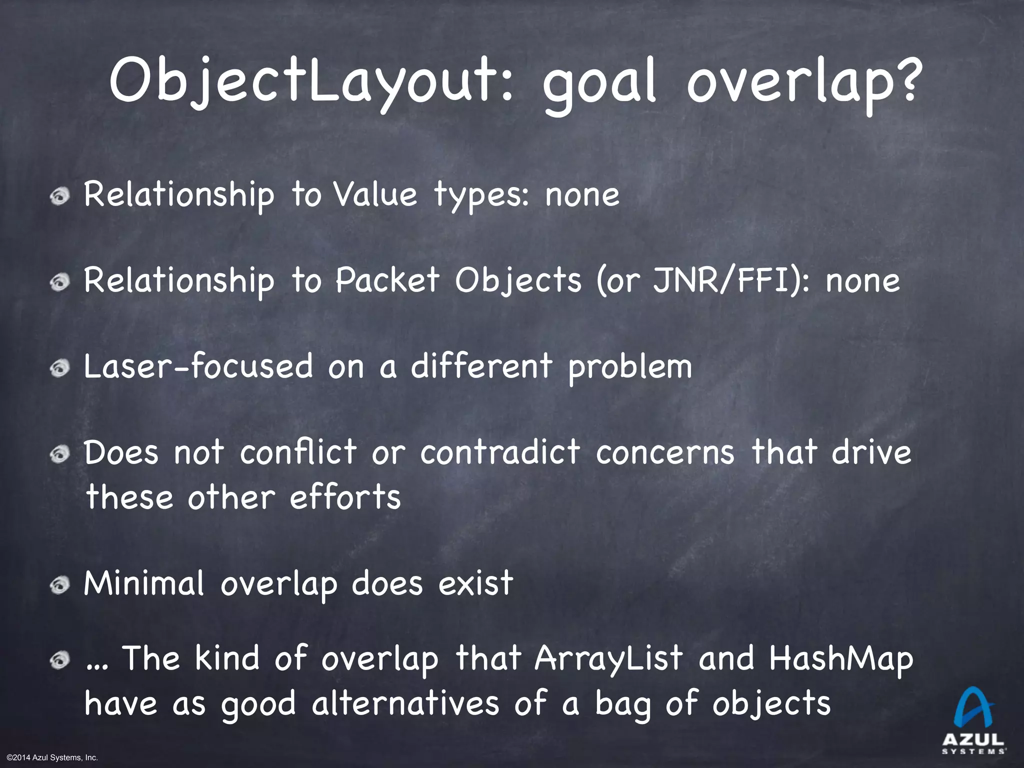 ©2014 Azul Systems, Inc.	
 	
 	
 	
 	
 	
ObjectLayout: goal overlap?
Relationship to Value types: none

Relationship to Packet Objects (or JNR/FFI): none

Laser-focused on a different problem

Does not conﬂict or contradict concerns that drive
these other efforts

Minimal overlap does exist 

… The kind of overlap that ArrayList and HashMap
have as good alternatives of a bag of objects
 