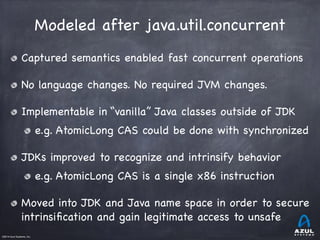 ©2014 Azul Systems, Inc.	
 	
 	
 	
 	
 	
Modeled after java.util.concurrent
Captured semantics enabled fast concurrent operations

No language changes. No required JVM changes.

Implementable in “vanilla” Java classes outside of JDK

e.g. AtomicLong CAS could be done with synchronized

JDKs improved to recognize and intrinsify behavior

e.g. AtomicLong CAS is a single x86 instruction

Moved into JDK and Java name space in order to secure
intrinsiﬁcation and gain legitimate access to unsafe
 