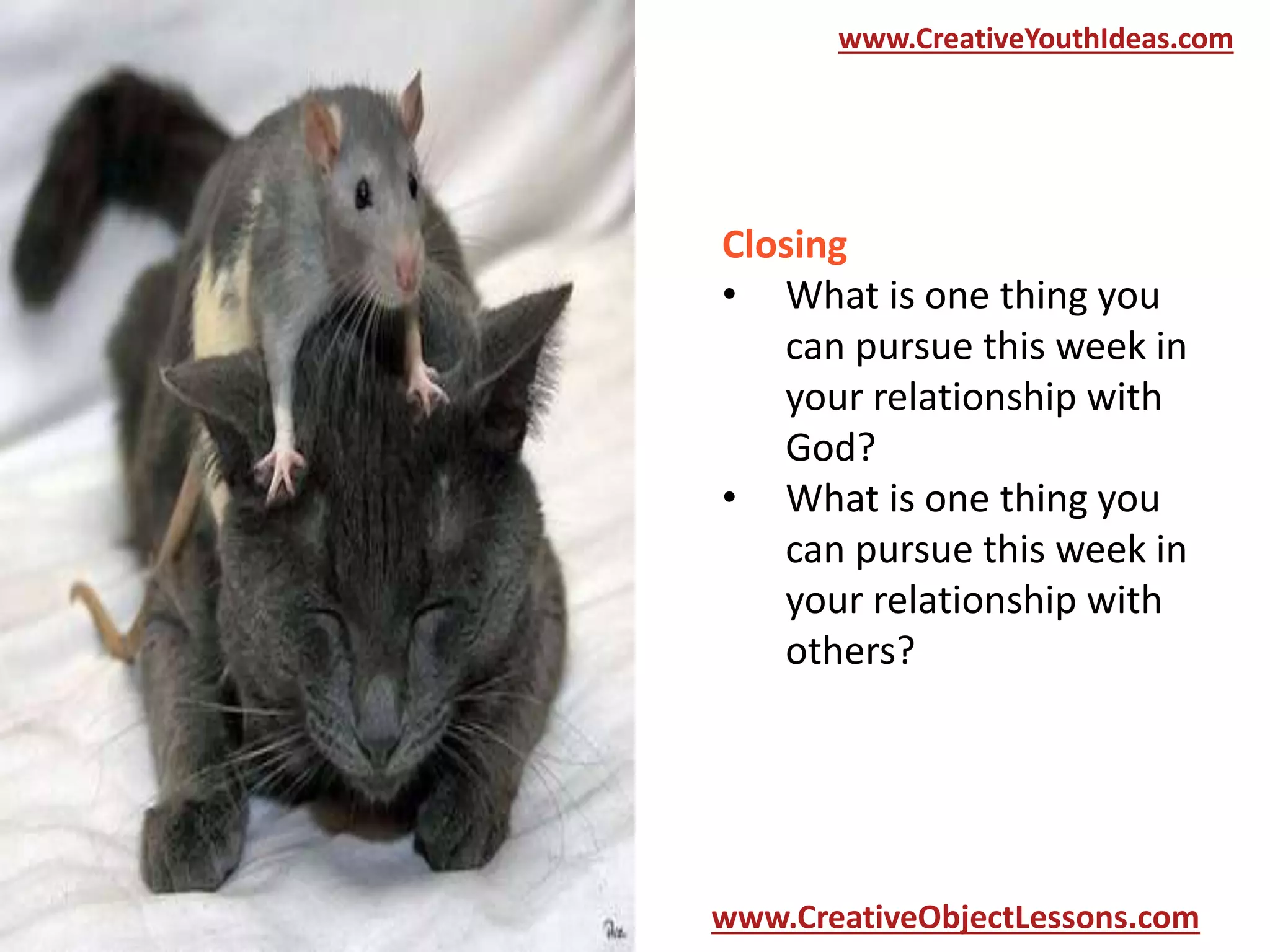 www.CreativeYouthIdeas.com

Closing
• What is one thing you
can pursue this week in
your relationship with
God?
• What is one thing you
can pursue this week in
your relationship with
others?

www.CreativeObjectLessons.com

 