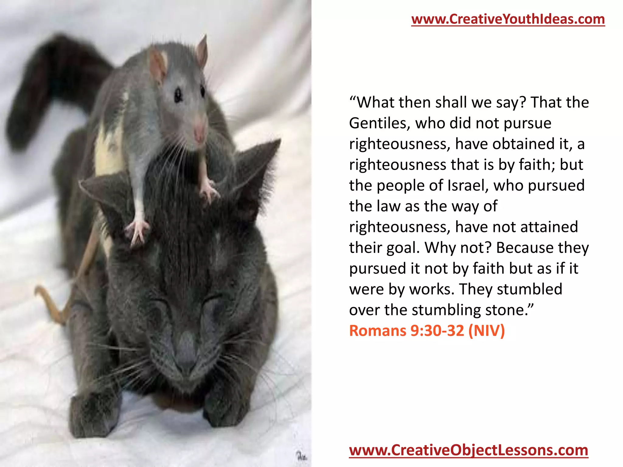 www.CreativeYouthIdeas.com

“What then shall we say? That the
Gentiles, who did not pursue
righteousness, have obtained it, a
righteousness that is by faith; but
the people of Israel, who pursued
the law as the way of
righteousness, have not attained
their goal. Why not? Because they
pursued it not by faith but as if it
were by works. They stumbled
over the stumbling stone.”
Romans 9:30-32 (NIV)

www.CreativeObjectLessons.com

 