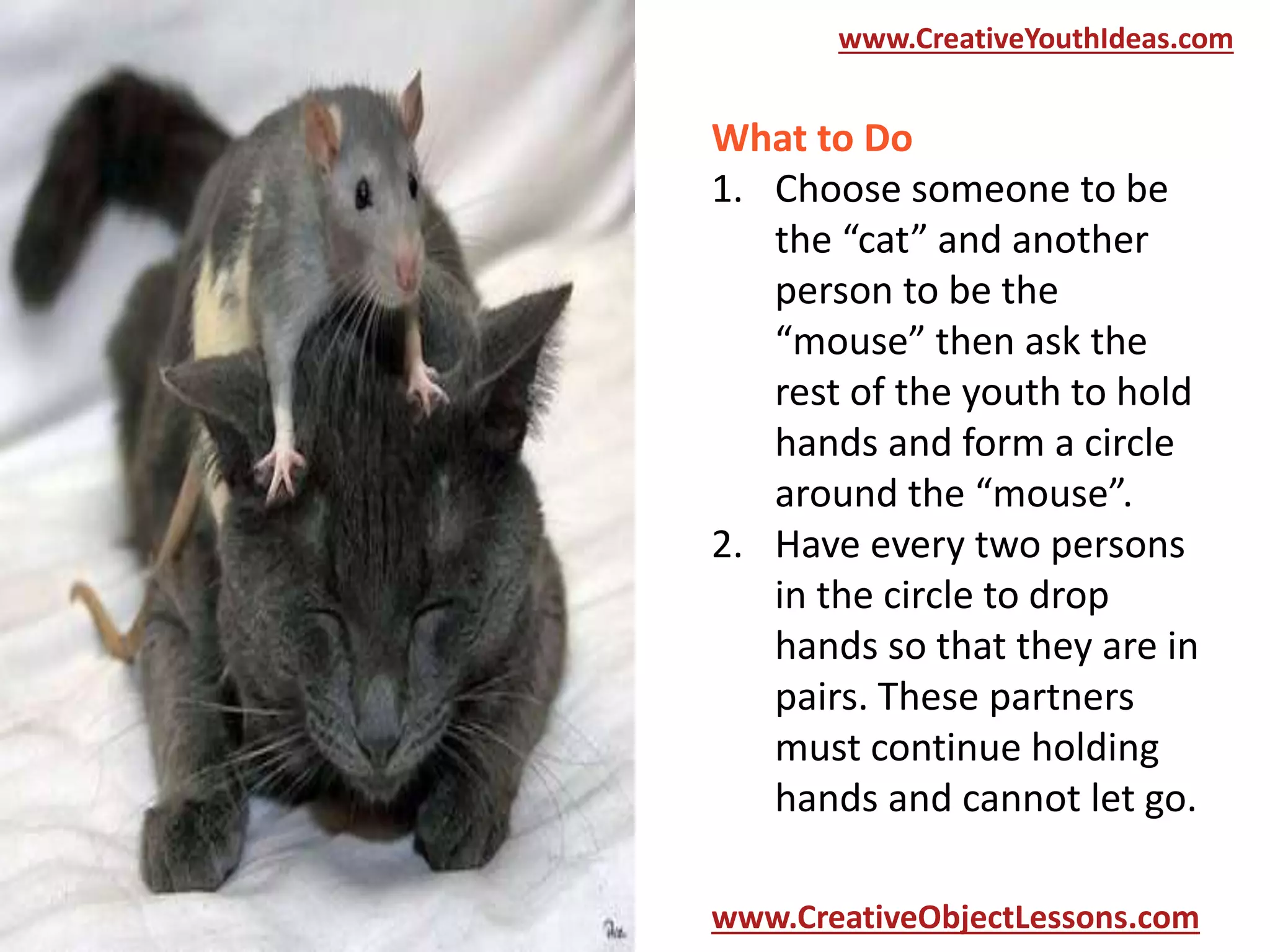 www.CreativeYouthIdeas.com

What to Do
1. Choose someone to be
the “cat” and another
person to be the
“mouse” then ask the
rest of the youth to hold
hands and form a circle
around the “mouse”.
2. Have every two persons
in the circle to drop
hands so that they are in
pairs. These partners
must continue holding
hands and cannot let go.
www.CreativeObjectLessons.com

 