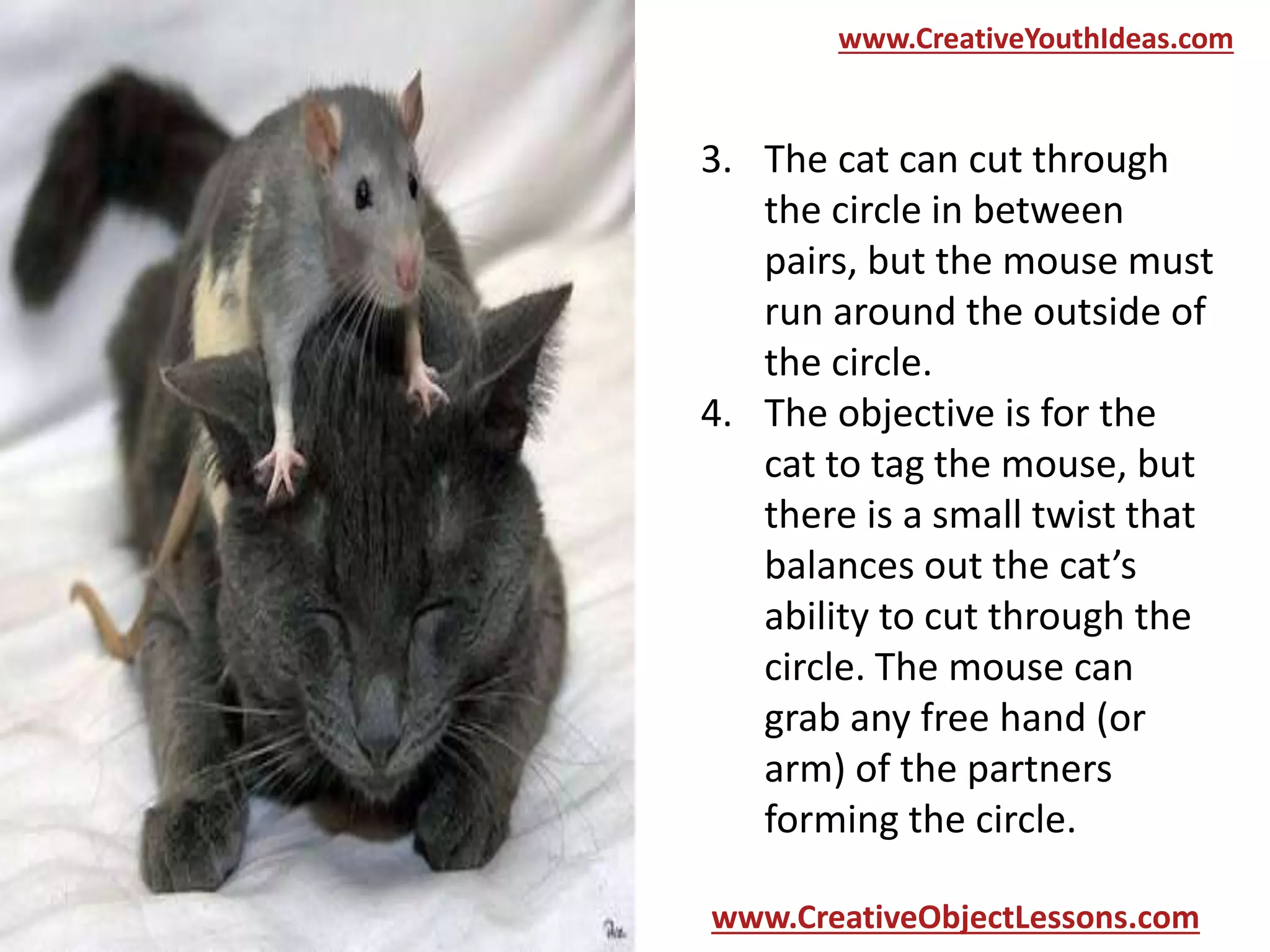 www.CreativeYouthIdeas.com

3. The cat can cut through
the circle in between
pairs, but the mouse must
run around the outside of
the circle.
4. The objective is for the
cat to tag the mouse, but
there is a small twist that
balances out the cat’s
ability to cut through the
circle. The mouse can
grab any free hand (or
arm) of the partners
forming the circle.
www.CreativeObjectLessons.com

 