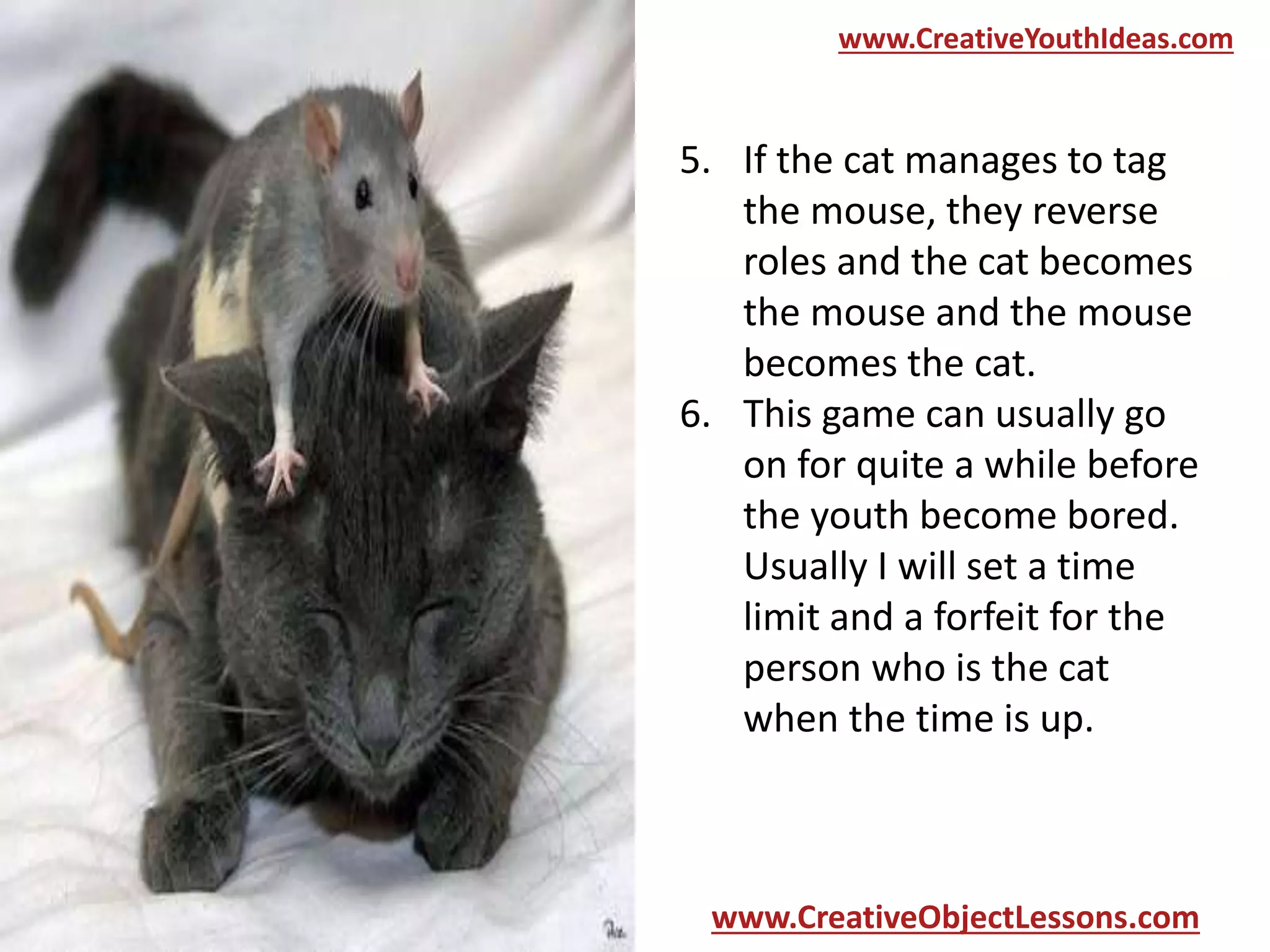 www.CreativeYouthIdeas.com

5. If the cat manages to tag
the mouse, they reverse
roles and the cat becomes
the mouse and the mouse
becomes the cat.
6. This game can usually go
on for quite a while before
the youth become bored.
Usually I will set a time
limit and a forfeit for the
person who is the cat
when the time is up.

www.CreativeObjectLessons.com

 