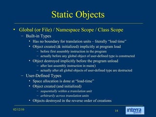 Static Objects Global (or File) / Namespace Scope / Class Scope Built-in Types Has no boundary for translation units – literally “load time” Object created (& initialized) implicitly at program load before first assembly instruction in the program actually before any global object of user-defined type is constructed Object destroyed implicitly before the program unload after last assembly instruction in main() actually after all global objects of user-defined type are destructed User-Defined Types Space allocation is done at “load-time” Object created (and initialized)  sequentially within a translation unit arbitrarily across translation units Objects destroyed in the reverse order of creations 
