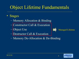 Object Lifetime Fundamentals Stages Memory Allocation & Binding Constructor Call & Execution Object Use Destructor Call & Execution Memory De-Allocation & De-Binding Managed Lifetime 
