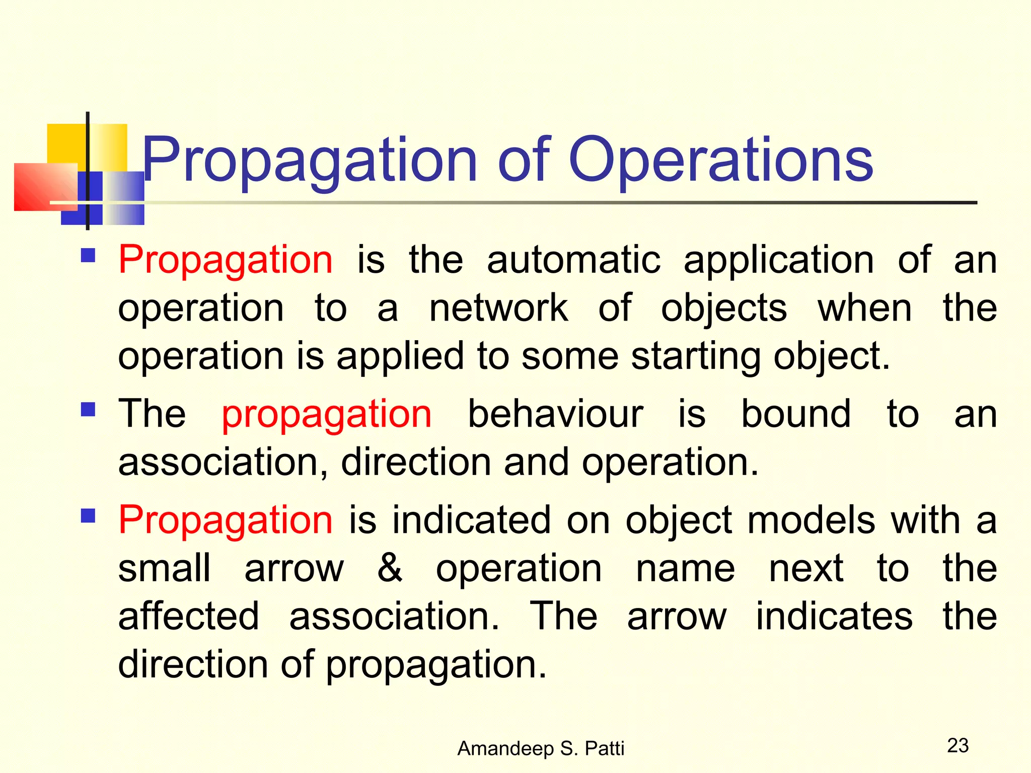 Propagation of Operations
   Propagation is the automatic application of an
    operation to a network of objects when the
    operation is applied to some starting object.
   The propagation behaviour is bound to an
    association, direction and operation.
   Propagation is indicated on object models with a
    small arrow & operation name next to the
    affected association. The arrow indicates the
    direction of propagation.
                      Amandeep S. Patti          23
 