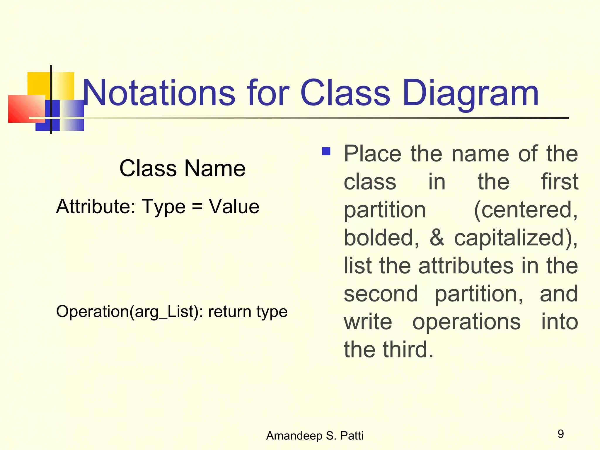 Notations for Class Diagram
                                         Place the name of the
        Class Name
                                          class in the first
Attribute: Type = Value                   partition      (centered,
                                          bolded, & capitalized),
                                          list the attributes in the
                                          second partition, and
Operation(arg_List): return type
                                          write operations into
                                          the third.


                             Amandeep S. Patti                   9
 