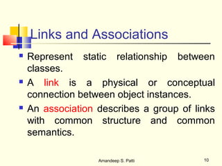 Links and Associations
   Represent static relationship between
    classes.
   A link is a physical or conceptual
    connection between object instances.
   An association describes a group of links
    with common structure and common
    semantics.

                   Amandeep S. Patti      10
 