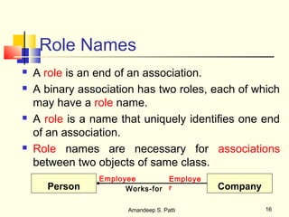Role Names
   A role is an end of an association.
   A binary association has two roles, each of which
    may have a role name.
   A role is a name that uniquely identifies one end
    of an association.
   Role names are necessary for associations
    between two objects of same class.
                 Employee        Employe
      Person           Works-for r         Company

                       Amandeep S. Patti             16
 