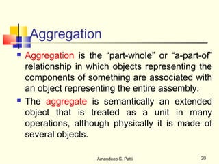 Aggregation
   Aggregation is the “part-whole” or “a-part-of”
    relationship in which objects representing the
    components of something are associated with
    an object representing the entire assembly.
   The aggregate is semantically an extended
    object that is treated as a unit in many
    operations, although physically it is made of
    several objects.

                     Amandeep S. Patti         20
 