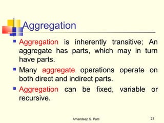 Aggregation
   Aggregation is inherently transitive; An
    aggregate has parts, which may in turn
    have parts.
   Many aggregate operations operate on
    both direct and indirect parts.
   Aggregation can be fixed, variable or
    recursive.

                   Amandeep S. Patti     21
 