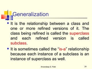 Generalization
   It is the relationship between a class and
    one or more refined versions of it. The
    class being refined is called the superclass
    and each refined version is called
    subclass.
   It is sometimes called the “is-a” relationship
    because each instance of a subclass is an
    instance of superclass as well.
                     Amandeep S. Patti         24
 