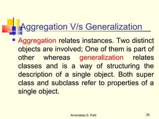 Aggregation V/s Generalization
   Aggregation relates instances. Two distinct
    objects are involved; One of them is part of
    other whereas generalization relates
    classes and is a way of structuring the
    description of a single object. Both super
    class and subclass refer to properties of a
    single object.


                    Amandeep S. Patti        28
 