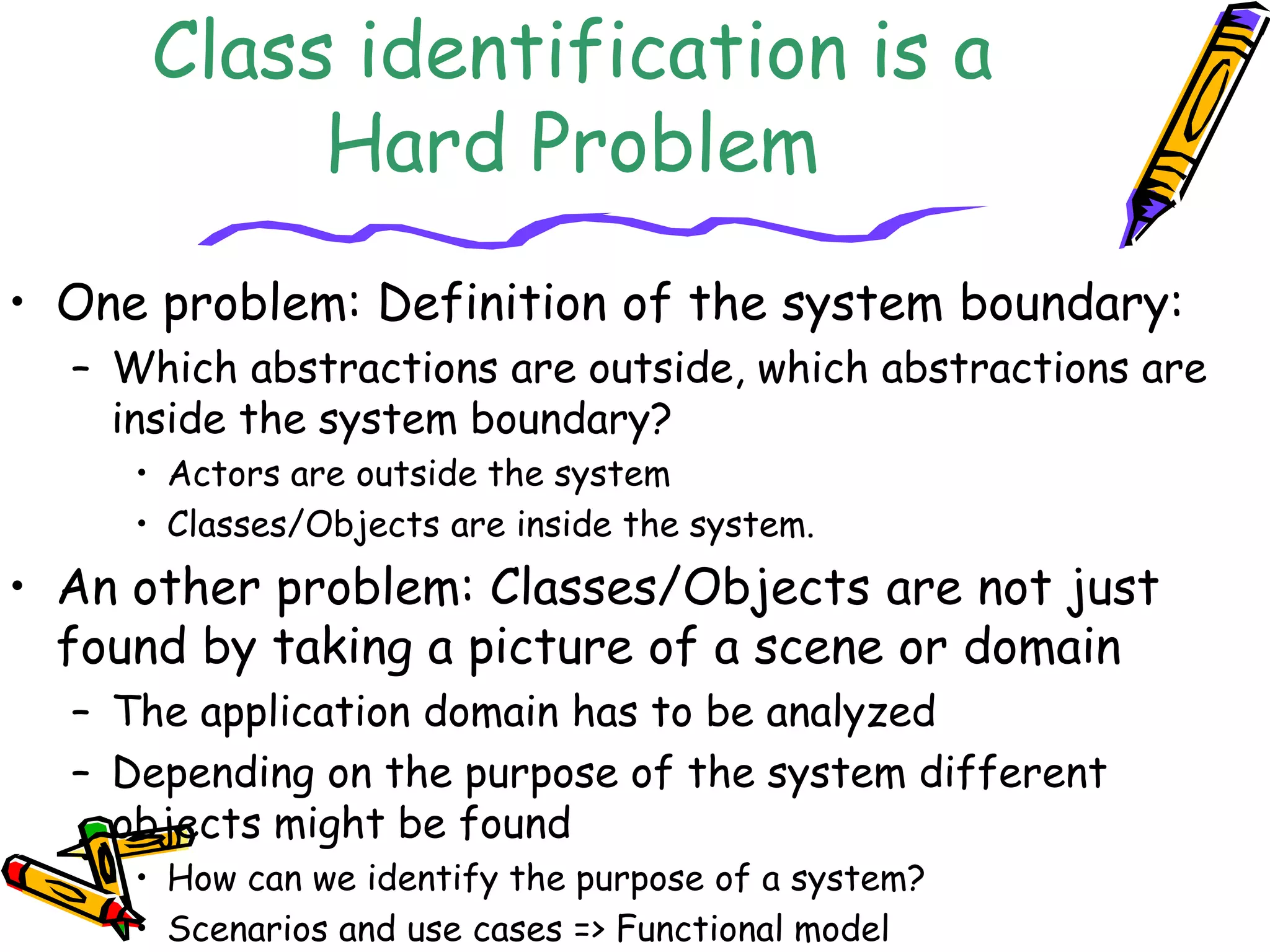Class identification is a
Hard Problem
• One problem: Definition of the system boundary:
– Which abstractions are outside, which abstractions are
inside the system boundary?
• Actors are outside the system
• Classes/Objects are inside the system.
• An other problem: Classes/Objects are not just
found by taking a picture of a scene or domain
– The application domain has to be analyzed
– Depending on the purpose of the system different
objects might be found
• How can we identify the purpose of a system?
• Scenarios and use cases => Functional model
 
