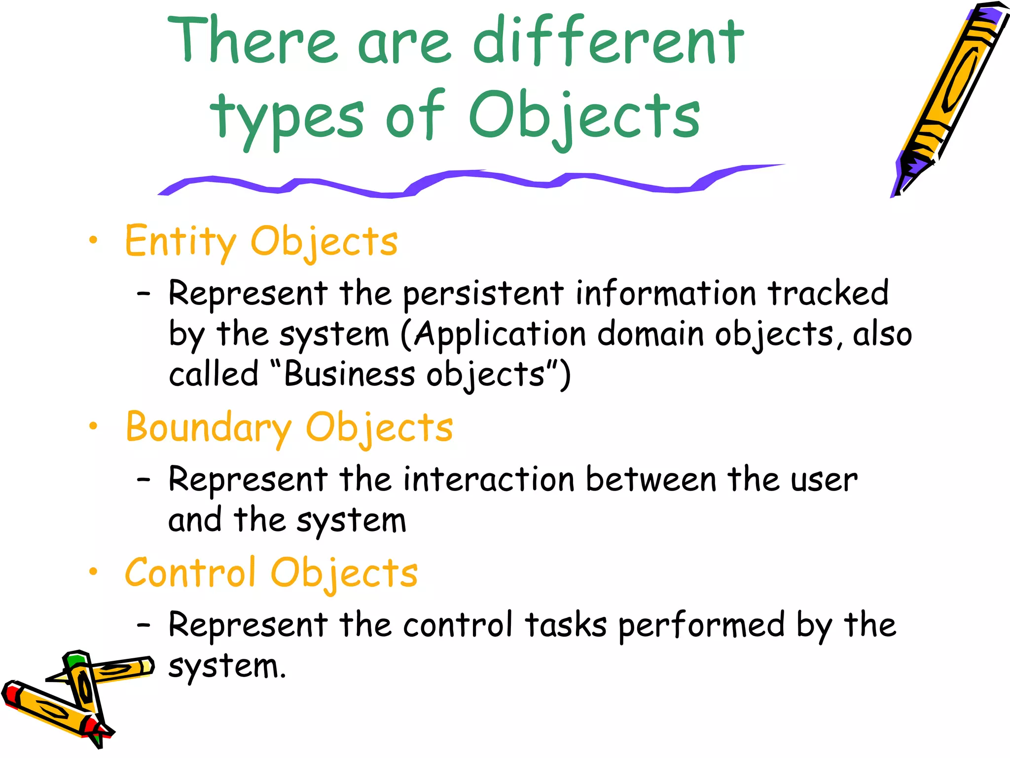 There are different
types of Objects
• Entity Objects
– Represent the persistent information tracked
by the system (Application domain objects, also
called “Business objects”)
• Boundary Objects
– Represent the interaction between the user
and the system
• Control Objects
– Represent the control tasks performed by the
system.
 