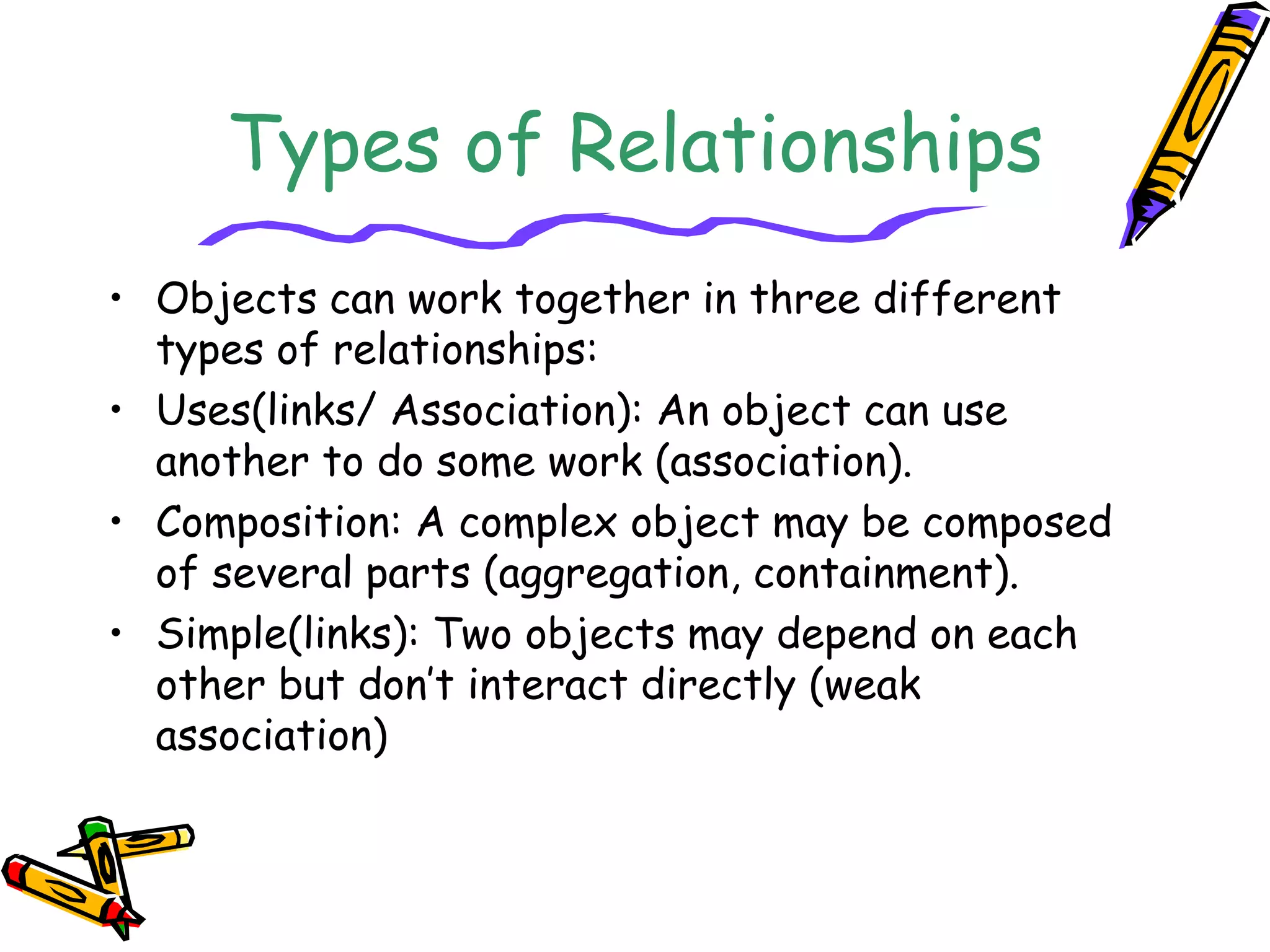 Types of Relationships
• Objects can work together in three different
types of relationships:
• Uses(links/ Association): An object can use
another to do some work (association).
• Composition: A complex object may be composed
of several parts (aggregation, containment).
• Simple(links): Two objects may depend on each
other but don’t interact directly (weak
association)
 