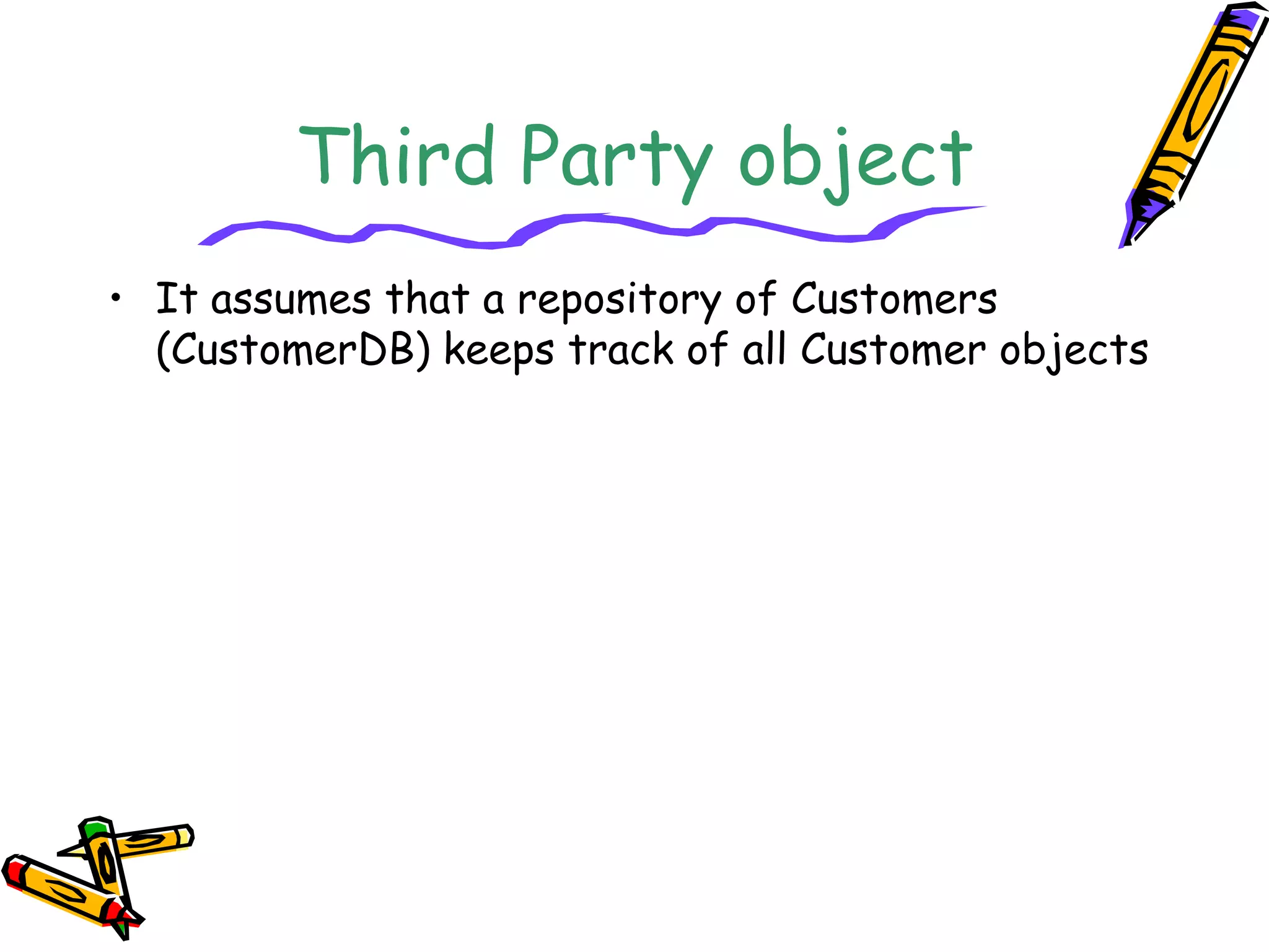 Third Party object
• It assumes that a repository of Customers
(CustomerDB) keeps track of all Customer objects
 