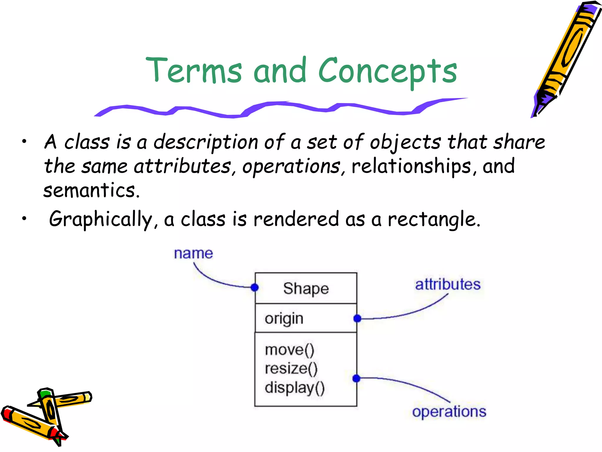 Terms and Concepts
• A class is a description of a set of objects that share
the same attributes, operations, relationships, and
semantics.
• Graphically, a class is rendered as a rectangle.
 