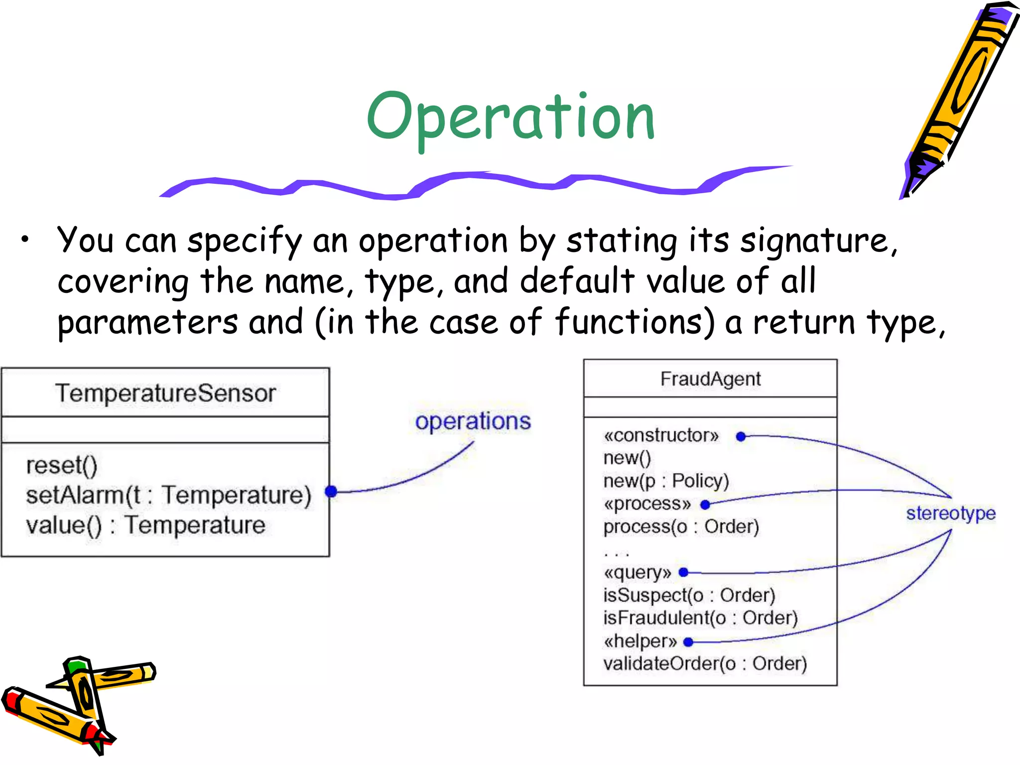 Operation
• You can specify an operation by stating its signature,
covering the name, type, and default value of all
parameters and (in the case of functions) a return type,
 
