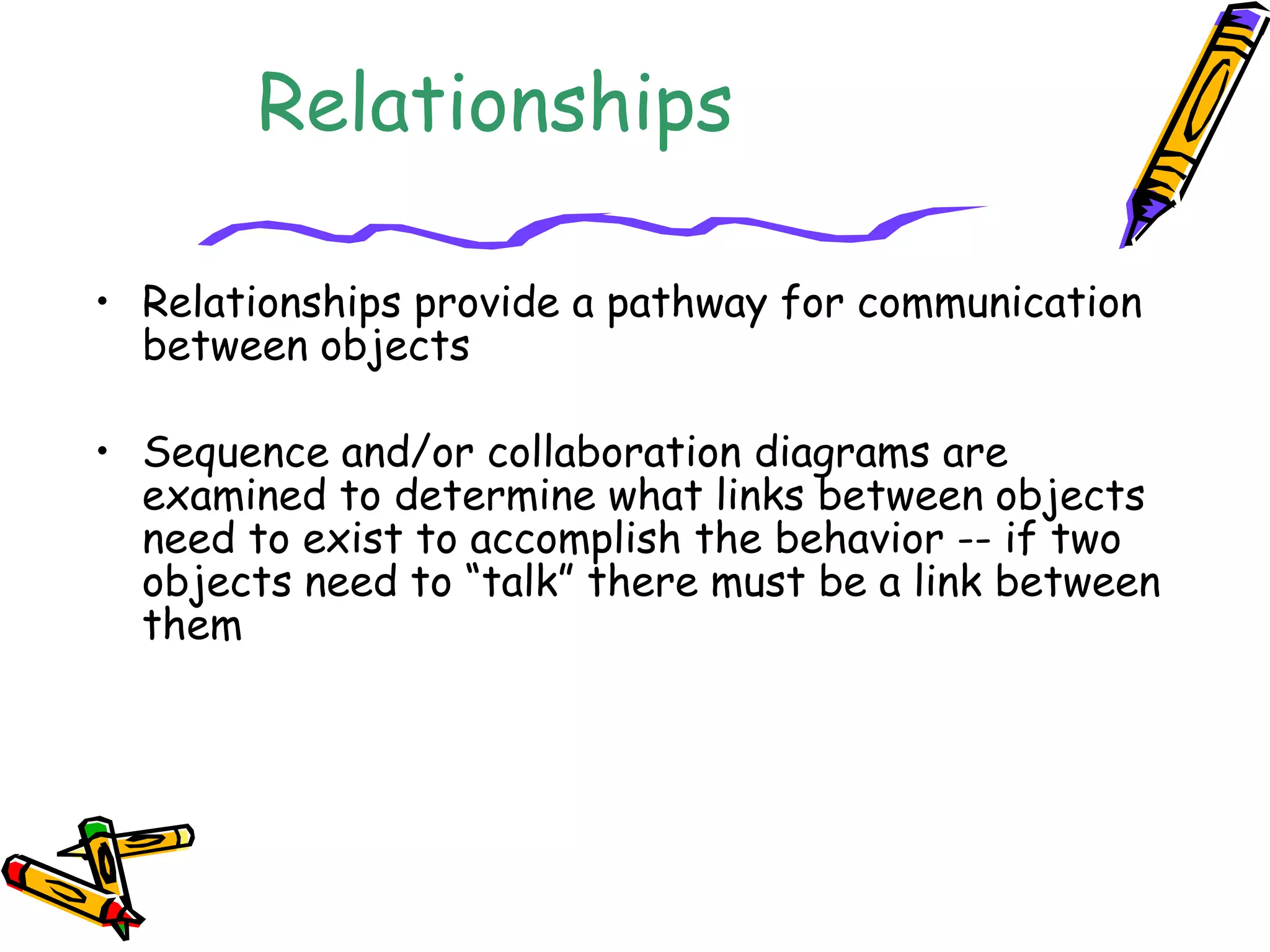 Relationships
• Relationships provide a pathway for communication
between objects
• Sequence and/or collaboration diagrams are
examined to determine what links between objects
need to exist to accomplish the behavior -- if two
objects need to “talk” there must be a link between
them
 