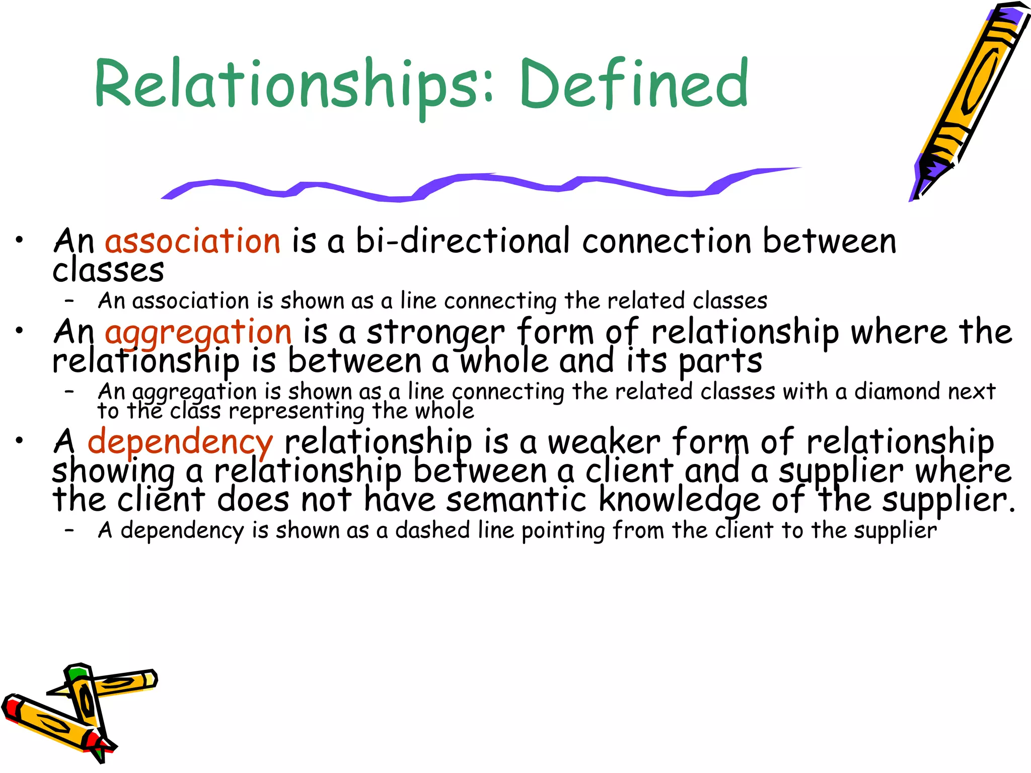 Relationships: Defined
• An association is a bi-directional connection between
classes
– An association is shown as a line connecting the related classes
• An aggregation is a stronger form of relationship where the
relationship is between a whole and its parts
– An aggregation is shown as a line connecting the related classes with a diamond next
to the class representing the whole
• A dependency relationship is a weaker form of relationship
showing a relationship between a client and a supplier where
the client does not have semantic knowledge of the supplier.
– A dependency is shown as a dashed line pointing from the client to the supplier
 
