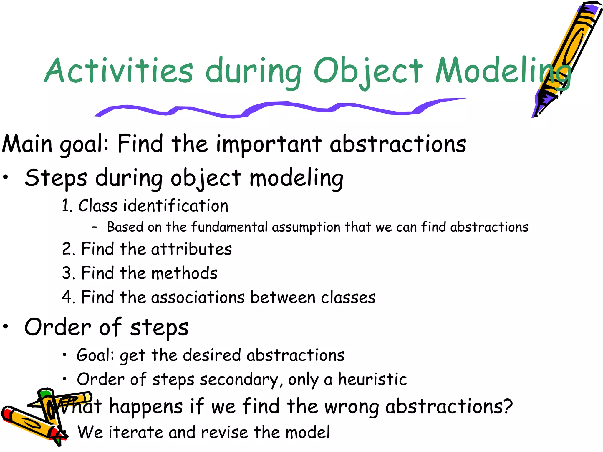 Activities during Object Modeling
Main goal: Find the important abstractions
• Steps during object modeling
1. Class identification
– Based on the fundamental assumption that we can find abstractions
2. Find the attributes
3. Find the methods
4. Find the associations between classes
• Order of steps
• Goal: get the desired abstractions
• Order of steps secondary, only a heuristic
– What happens if we find the wrong abstractions?
• We iterate and revise the model
 