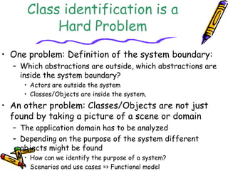 Class identification is a
Hard Problem
• One problem: Definition of the system boundary:
– Which abstractions are outside, which abstractions are
inside the system boundary?
• Actors are outside the system
• Classes/Objects are inside the system.
• An other problem: Classes/Objects are not just
found by taking a picture of a scene or domain
– The application domain has to be analyzed
– Depending on the purpose of the system different
objects might be found
• How can we identify the purpose of a system?
• Scenarios and use cases => Functional model
 