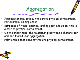 Aggregation
• Aggregation may or may not denote physical containment.
For example, an airplane is
• composed of wings, engines, landing gear, and so on: this is
a case of physical containment.
• On the other hand, the relationship between a shareholder
and her shares is an aggregation
• relationship that does not require physical containment.
 