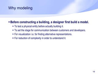 Why modeling
 Before constructing a building, a designer first build a model.
 To test a physical entity before actually building it.
 To set the stage for communication between customers and developers.
 For visualization i.e. for finding alternative representations.
 For reduction of complexity in order to understand it.
10
 