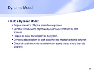 Dynamic Model
 Build a Dynamic Model:
 Prepare scenarios of typical interaction sequences.
 Identify events between objects and prepare an event trace for each
scenario.
 Prepare an event flow diagram for the system.
 Develop a state diagram for each class that has important dynamic behavior.
 Check for consistency and completeness of events shared among the state
diagrams.
29
 