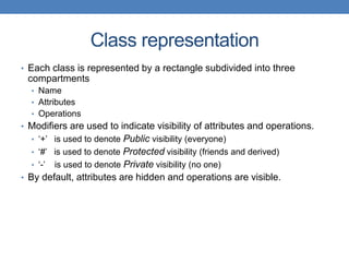 Class representation
• Each class is represented by a rectangle subdivided into three
compartments
• Name
• Attributes
• Operations
• Modifiers are used to indicate visibility of attributes and operations.
• ‘+’ is used to denote Public visibility (everyone)
• ‘#’ is used to denote Protected visibility (friends and derived)
• ‘-’ is used to denote Private visibility (no one)
• By default, attributes are hidden and operations are visible.
 
