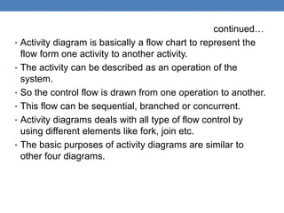 continued…
• Activity diagram is basically a flow chart to represent the
flow form one activity to another activity.
• The activity can be described as an operation of the
system.
• So the control flow is drawn from one operation to another.
• This flow can be sequential, branched or concurrent.
• Activity diagrams deals with all type of flow control by
using different elements like fork, join etc.
• The basic purposes of activity diagrams are similar to
other four diagrams.
 