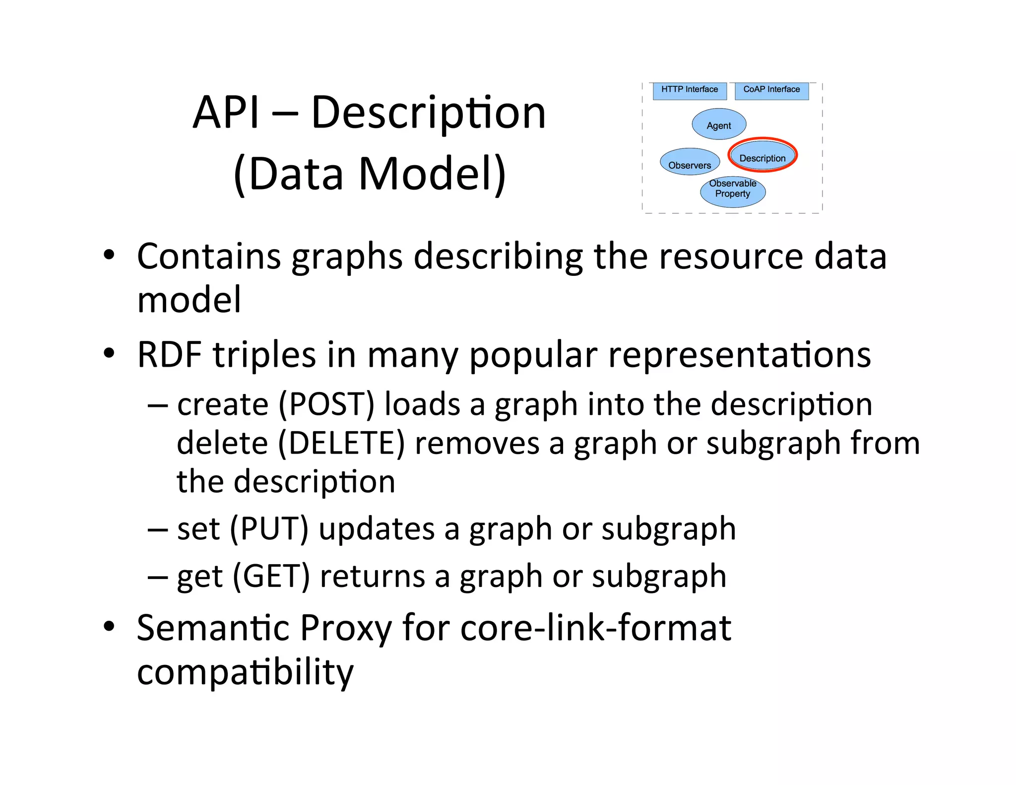 API  –  DescripJon     (Data  Model)   •  Contains  graphs  describing  the  resource  data   model     •  RDF  triples  in  many  popular  representaJons   – create  (POST)  loads  a  graph  into  the  descripJon   delete  (DELETE)  removes  a  graph  or  subgraph  from   the  descripJon   – set  (PUT)  updates  a  graph  or  subgraph   – get  (GET)  returns  a  graph  or  subgraph   •  SemanJc  Proxy  for  core-­‐link-­‐format   compaJbility   
