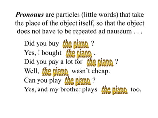 Pronouns are particles (little words) that take
the place of the object itself, so that the object
does not have to be repeated ad nauseum . . .
Did you buy
?
Yes, I bought
.
Did you pay a lot for
?
Well,
wasn’t cheap.
Can you play
?
Yes, and my brother plays

too.

 