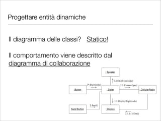 Progettare entità dinamiche


Il diagramma delle classi? Statico!

Il comportamento viene descritto dal
diagramma di collaborazione
 