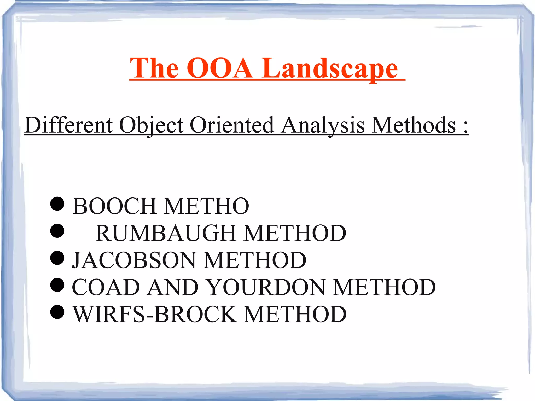 The OOA Landscape  Different Object Oriented Analysis Methods : BOOCH METHO RUMBAUGH METHOD JACOBSON METHOD COAD AND YOURDON METHOD WIRFS-BROCK METHOD 