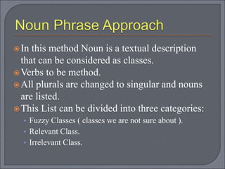 In this method Noun is a textual description
that can be considered as classes.
Verbs to be method.
All plurals are changed to singular and nouns
are listed.
This List can be divided into three categories:
• Fuzzy Classes ( classes we are not sure about ).
• Relevant Class.
• Irrelevant Class.
 