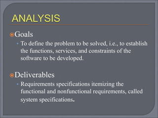 Goals
• To define the problem to be solved, i.e., to establish
the functions, services, and constraints of the
software to be developed.
Deliverables
• Requirements specifications itemizing the
functional and nonfunctional requirements, called
system specifications.
 