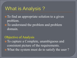 To find an appropriate solution to a given
problem.
To understand the problem and problem
domain.
Objective of Analysis
To capture a Complete, unambiguous and
consistent picture of the requirements.
What the system must do to satisfy the user ?
 