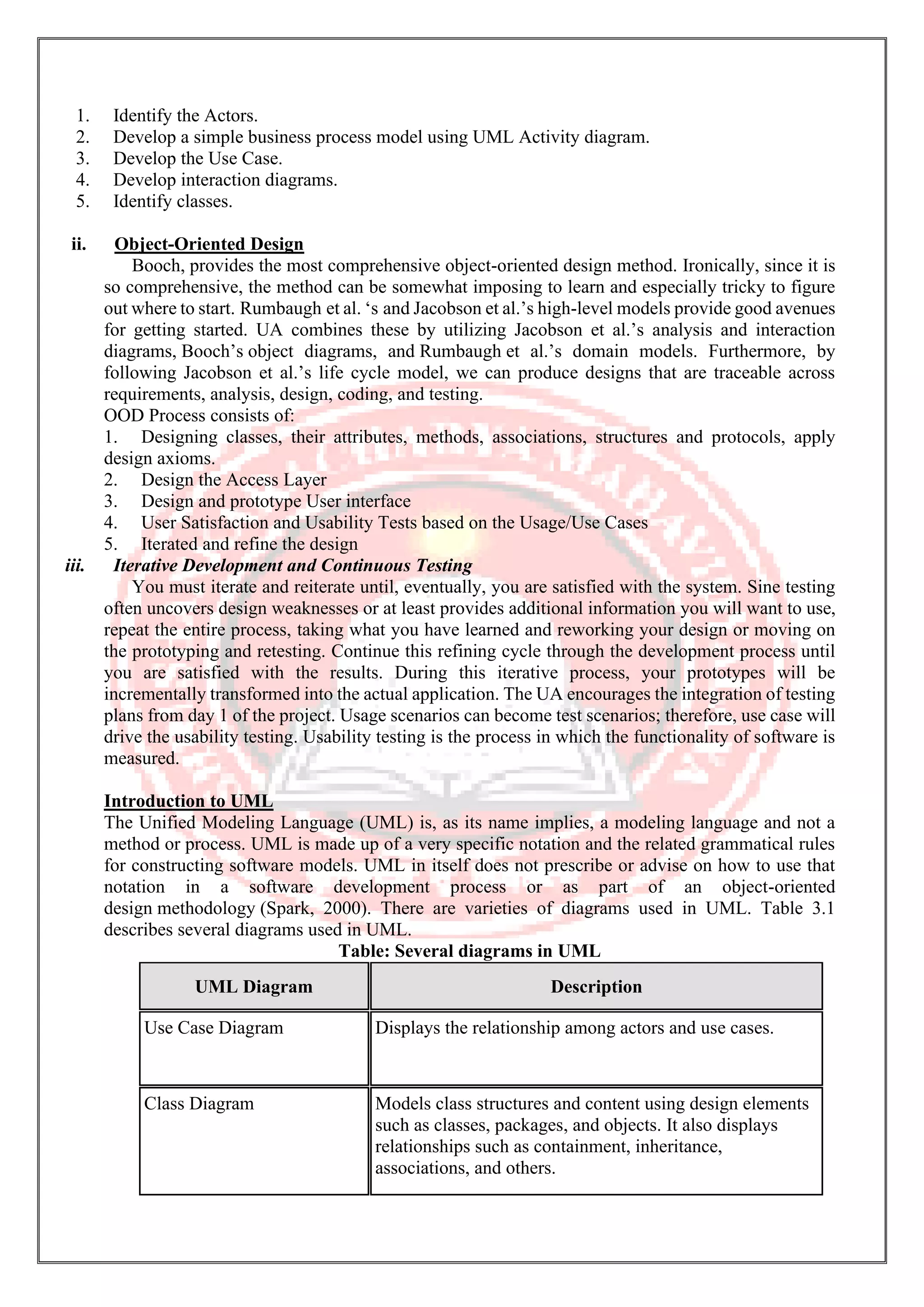 1. Identify the Actors. 2. Develop a simple business process model using UML Activity diagram. 3. Develop the Use Case. 4. Develop interaction diagrams. 5. Identify classes. ii. Object-Oriented Design Booch, provides the most comprehensive object-oriented design method. Ironically, since it is so comprehensive, the method can be somewhat imposing to learn and especially tricky to figure out where to start. Rumbaugh et al. ‘s and Jacobson et al.’s high-level models provide good avenues for getting started. UA combines these by utilizing Jacobson et al.’s analysis and interaction diagrams, Booch’s object diagrams, and Rumbaugh et al.’s domain models. Furthermore, by following Jacobson et al.’s life cycle model, we can produce designs that are traceable across requirements, analysis, design, coding, and testing. OOD Process consists of: 1. Designing classes, their attributes, methods, associations, structures and protocols, apply design axioms. 2. Design the Access Layer 3. Design and prototype User interface 4. User Satisfaction and Usability Tests based on the Usage/Use Cases 5. Iterated and refine the design iii. Iterative Development and Continuous Testing You must iterate and reiterate until, eventually, you are satisfied with the system. Sine testing often uncovers design weaknesses or at least provides additional information you will want to use, repeat the entire process, taking what you have learned and reworking your design or moving on the prototyping and retesting. Continue this refining cycle through the development process until you are satisfied with the results. During this iterative process, your prototypes will be incrementally transformed into the actual application. The UA encourages the integration of testing plans from day 1 of the project. Usage scenarios can become test scenarios; therefore, use case will drive the usability testing. Usability testing is the process in which the functionality of software is measured. Introduction to UML The Unified Modeling Language (UML) is, as its name implies, a modeling language and not a method or process. UML is made up of a very specific notation and the related grammatical rules for constructing software models. UML in itself does not prescribe or advise on how to use that notation in a software development process or as part of an object-oriented design methodology (Spark, 2000). There are varieties of diagrams used in UML. Table 3.1 describes several diagrams used in UML. Table: Several diagrams in UML UML Diagram Description Use Case Diagram Displays the relationship among actors and use cases. Class Diagram Models class structures and content using design elements such as classes, packages, and objects. It also displays relationships such as containment, inheritance, associations, and others. 