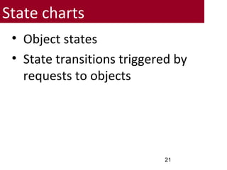 State charts
• Object states
• State transitions triggered by
requests to objects
21
 