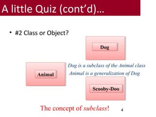 A little Quiz (cont’d)…
• #2 Class or Object?
4
DogDog
Scooby-DooScooby-Doo
AnimalAnimal
The concept of subclass!
Dog is a subclass of the Animal class
Animal is a generalization of Dog
 