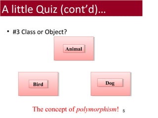 A little Quiz (cont’d)…
• #3 Class or Object?
5
AnimalAnimal
DogDogBirdBird
The concept of polymorphism!
 