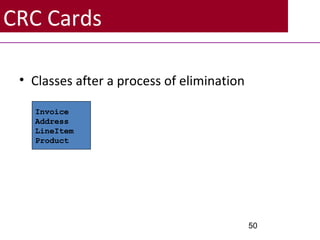 CRC Cards
• Classes after a process of elimination
50
Invoice
Address
LineItem
Product
 