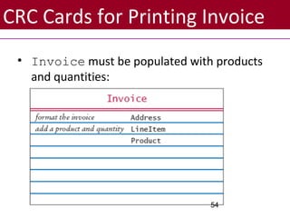 CRC Cards for Printing Invoice
• Invoice must be populated with products
and quantities:
54
 