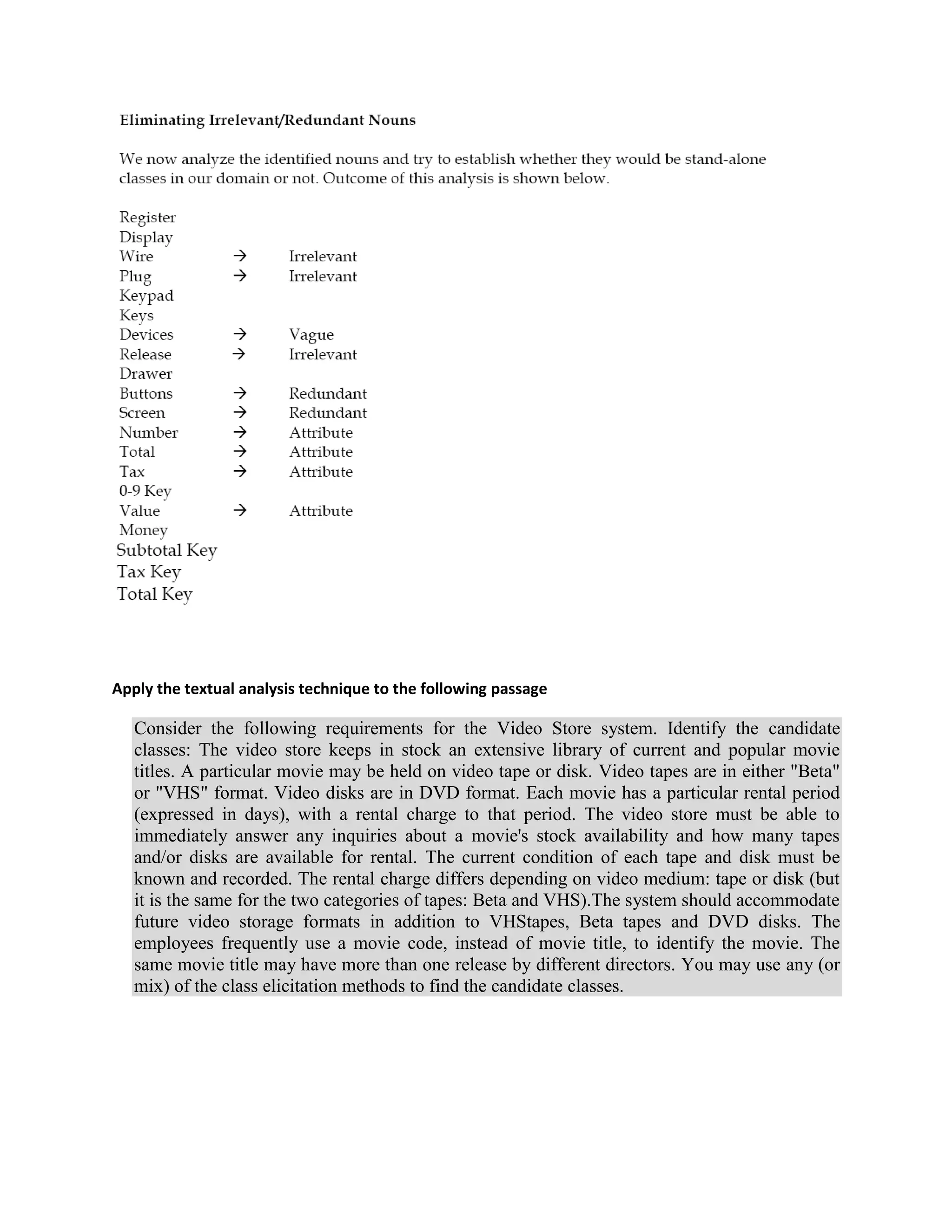 Apply the textual analysis technique to the following passage Consider the following requirements for the Video Store system. Identify the candidate classes: The video store keeps in stock an extensive library of current and popular movie titles. A particular movie may be held on video tape or disk. Video tapes are in either "Beta" or "VHS" format. Video disks are in DVD format. Each movie has a particular rental period (expressed in days), with a rental charge to that period. The video store must be able to immediately answer any inquiries about a movie's stock availability and how many tapes and/or disks are available for rental. The current condition of each tape and disk must be known and recorded. The rental charge differs depending on video medium: tape or disk (but it is the same for the two categories of tapes: Beta and VHS).The system should accommodate future video storage formats in addition to VHStapes, Beta tapes and DVD disks. The employees frequently use a movie code, instead of movie title, to identify the movie. The same movie title may have more than one release by different directors. You may use any (or mix) of the class elicitation methods to find the candidate classes. 