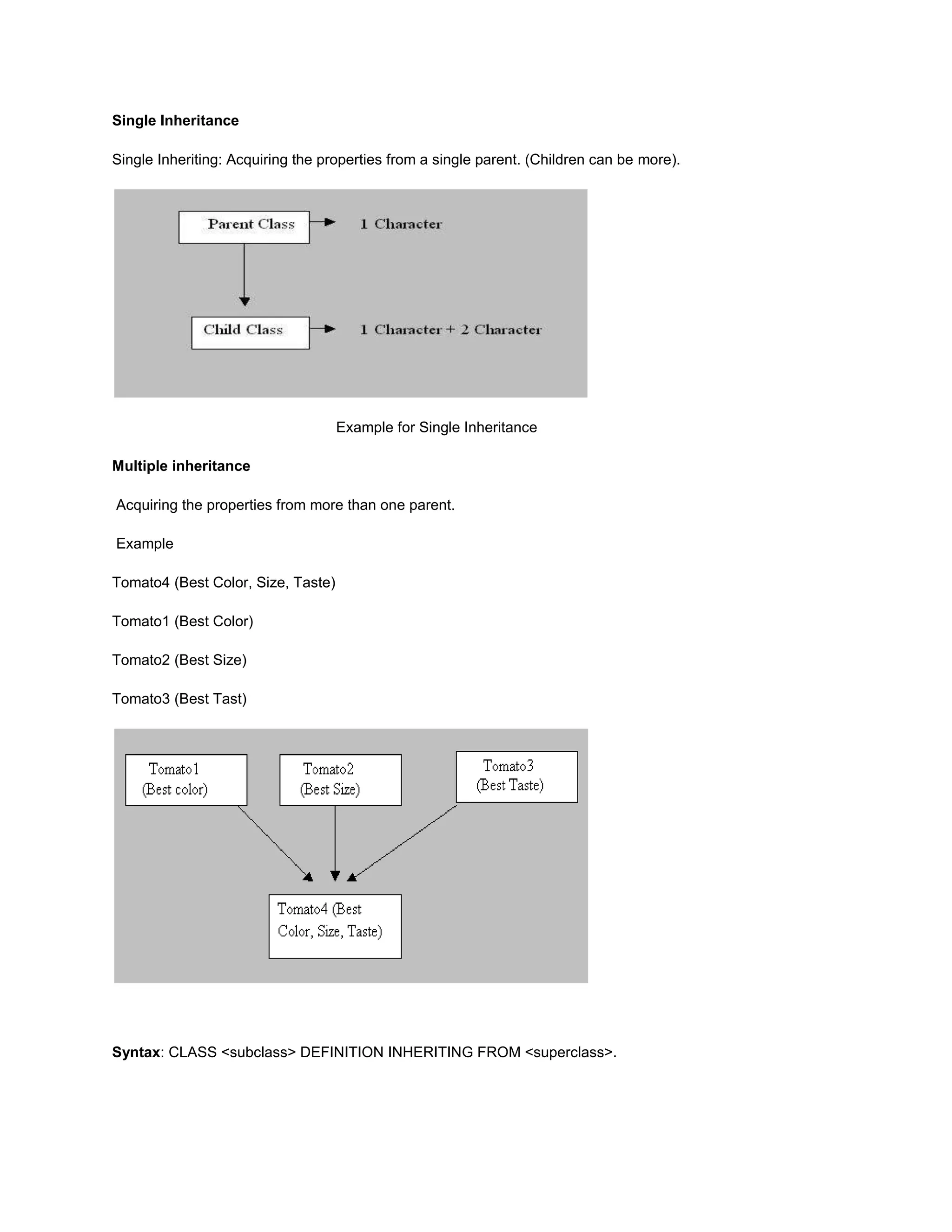 Single Inheritance

Single Inheriting: Acquiring the properties from a single parent. (Children can be more).




                                    Example for Single Inheritance

Multiple inheritance

Acquiring the properties from more than one parent.

Example

Tomato4 (Best Color, Size, Taste)

Tomato1 (Best Color)

Tomato2 (Best Size)

Tomato3 (Best Tast)




Syntax: CLASS <subclass> DEFINITION INHERITING FROM <superclass>.
 